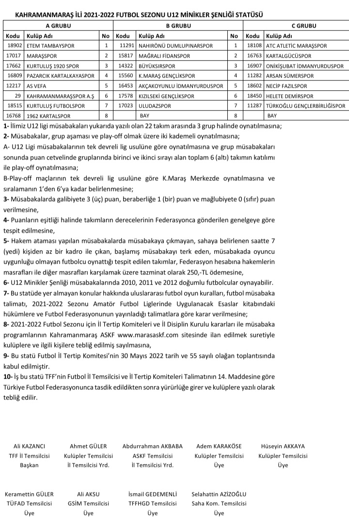 U12 Ligi Statü